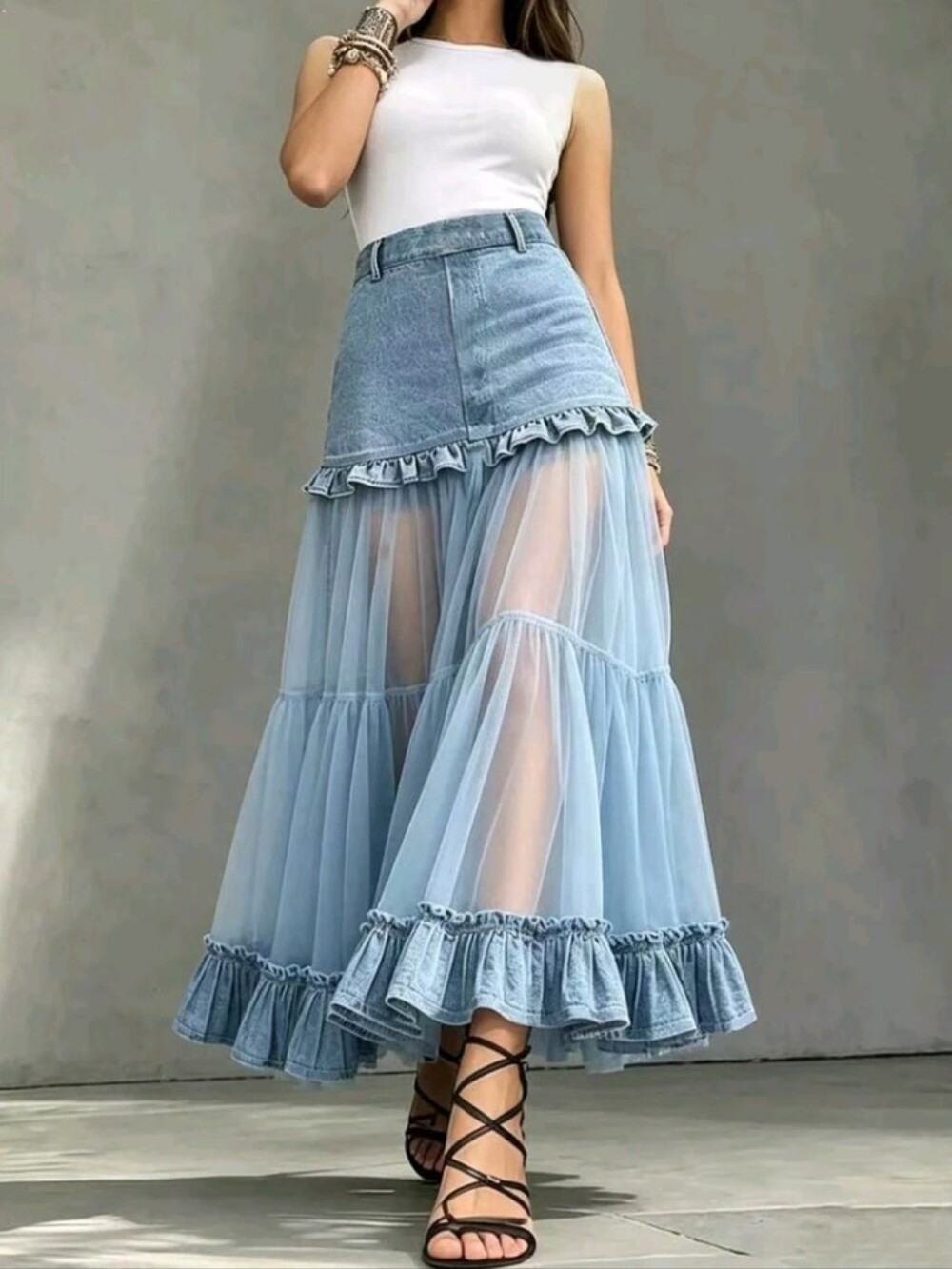 New Summer Women's Semi-Sheer Light Blue Skirt Vacation Casual